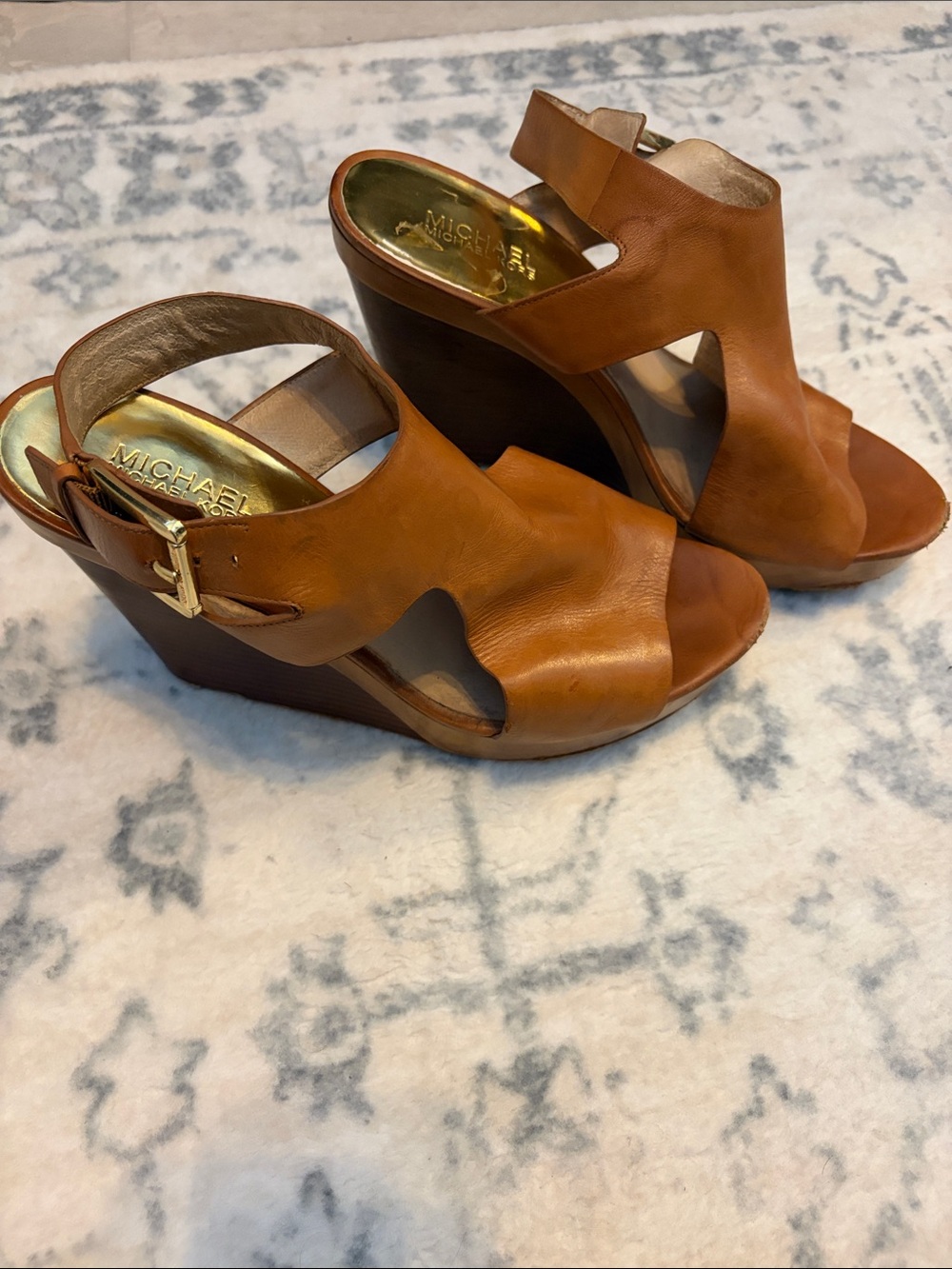 Michael Kors Cognac Leather Wedge Sandals